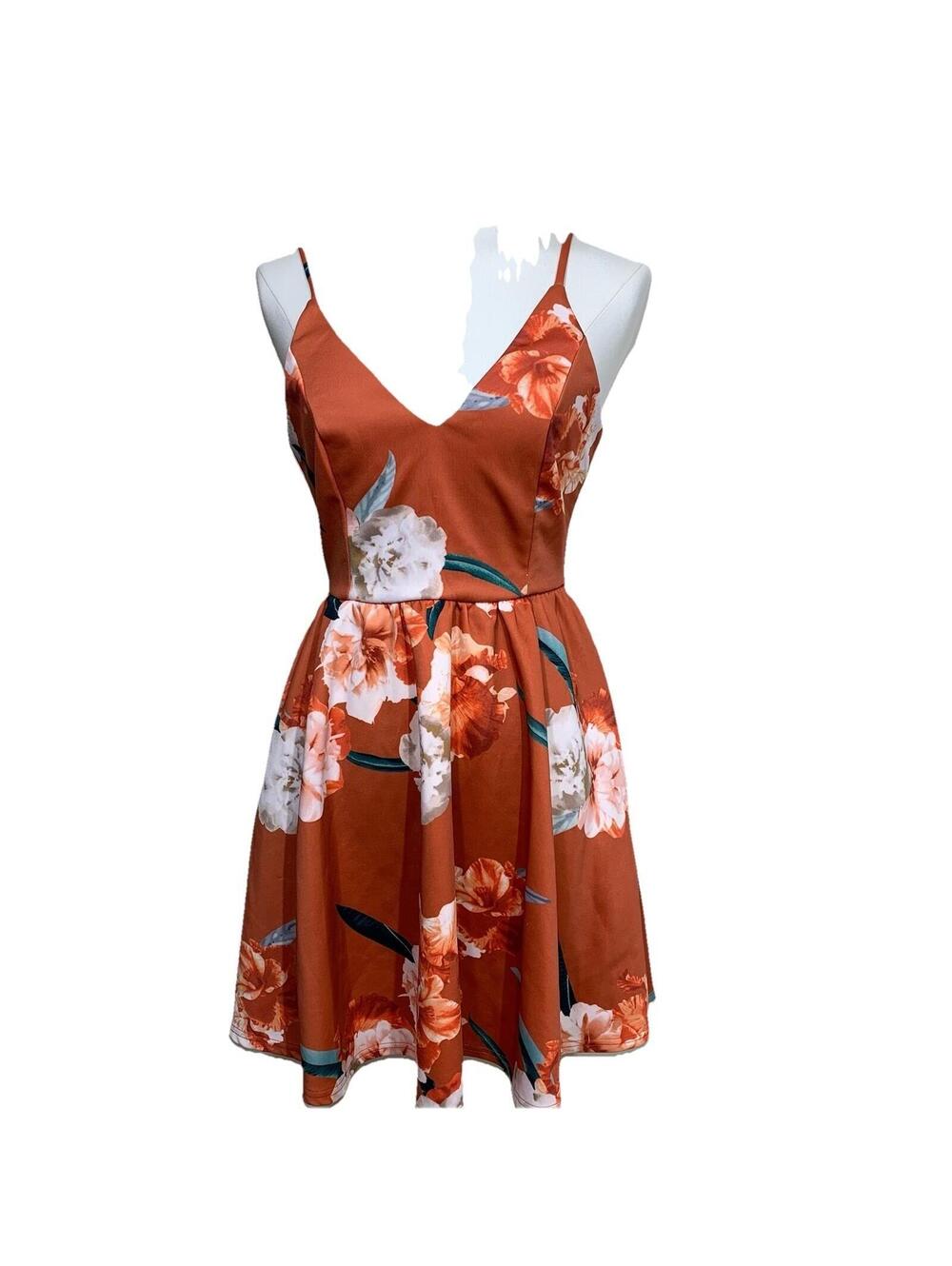 TRAC Fit and Flare Dress Womens Small Rust Floral V-Neck Spaghetti Strap Mini